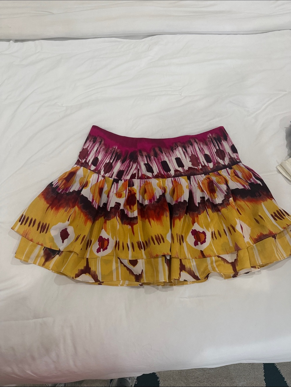 Tiered Ikat Print Mini Skirt in Mustard & Magenta
